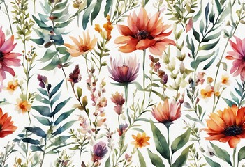 Watercolor plants leaves pattern floral wildflowers colorful seamless