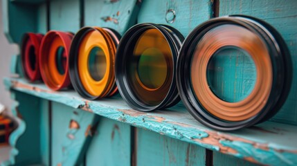 Wall Mural - A collection of colorful lenses with a variety of colors and sizes. The lenses are arranged in a row, with some overlapping each other. Scene is one of creativity and artistic expression