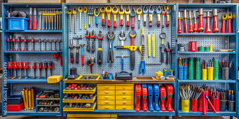 Colorful array of toolboxes and toolkits stacked on a shelf in a well ...