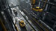© Maxim Borbut - Building and Welding Industrial Production Conveyor: Aerial Car Factory 3D Concept: Automated Robot Arm Assembly Line Manufacturing Advanced High-Tech Electric Vehicles.