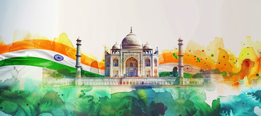 Colorful illustration of the Taj Mahal silhouette and Indian landscape, celebrating India's Independence Day on August 15. Symbolizes freedom, architecture, and cultural heritage of India.