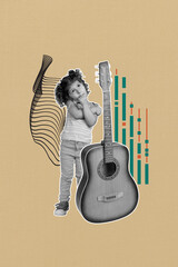 Sticker - Creative sketch banner collage of little girl thinking with guitar over pastel color background