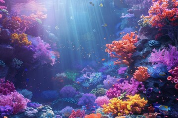 Vibrant underwater coral reef scene with colorful corals and tropical fish under sunlight. Stunning marine life panorama.