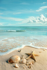 Poster - A pristine beach with gentle waves, seashells, and a starfish on the sandy shore, reflecting a serene coastal environment.