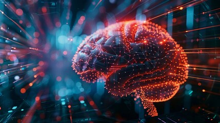 Brain glowing tech neon lines creativity with copyspace