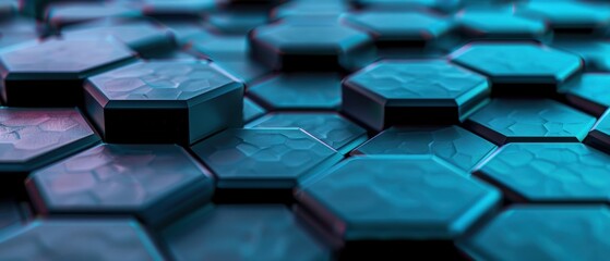 Abstract blue hexagonal pattern background with futuristic three-dimensional surface. Modern geometric design with glowing light.