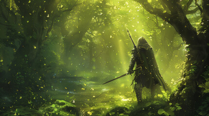 Elven warriors in an enchanted forest