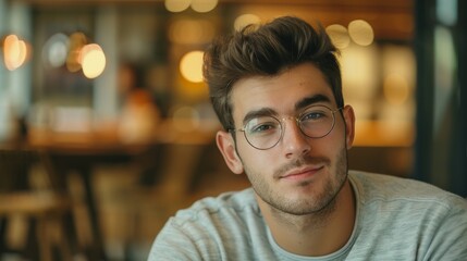 Poster - A young man gazes thoughtfully at the camera, wearing round glasses