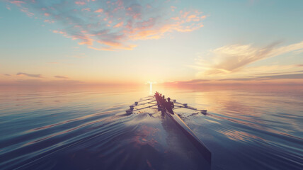 Rowers glide across a serene lake at sunset, their synchronized movements reflecting on the calm water under a pastel-colored sky.