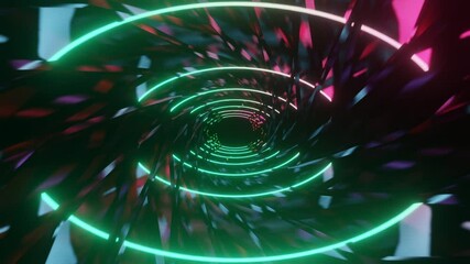 Wall Mural - Abstract background 3D animation moving through shiny glass metal and neon lights tunnel, loop