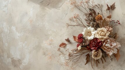 Poster - Floral arrangement with dry foliage on neutral backdrop Overhead view with room for text mockup