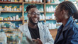 © evgenia_lo - A man and a woman are smiling at each other in a pharmacy. The man is wearing a white lab coat and glasses