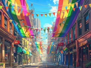 High-detail digital art of a city street decorated with rainbow banners for LGBTQ+ pride, lively and colorful atmosphere