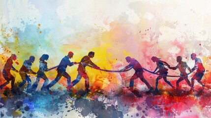 Colorful watercolor painting depicting businesspeople pulling ropes in a competitive tug of war against an abstract background.