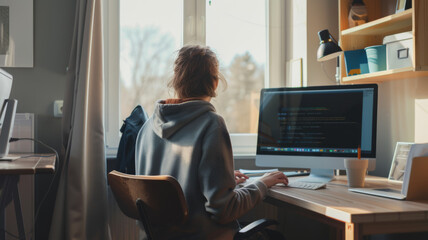 Sticker - A developer works at his desk, gazing out a bright window into nature, balancing coding tasks and moments of reflection in a tidy workspace.