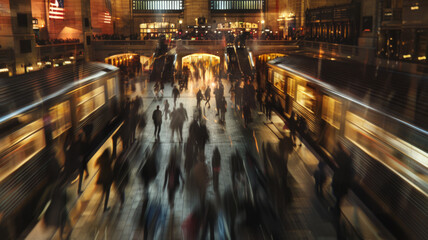 Wall Mural - A bustling train station at twilight with blurred motion of commuters and illuminated tracks creates a sense of rush and energy.