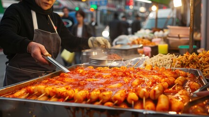 Wall Mural - A street vendor serving spicy tteokbokki rice cakes in a rich red sauce