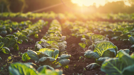 Canvas Print - Glowing sunset over a field of cabbages, with long shadows cast by the plants, creating a serene and golden ambiance.