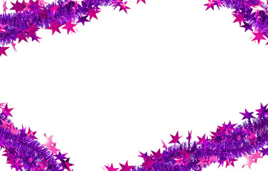 Abstract festive frame. Purple tinsel with pink stars on a white background. Flat lay, top view, copy space. Overlay background.