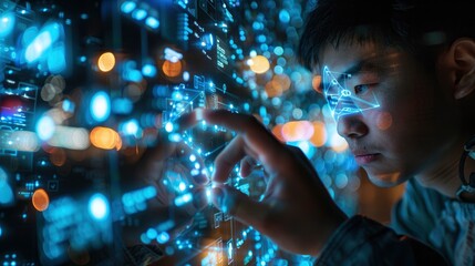A programmer writing code on a transparent digital screen using gesture-based controls and augmented reality