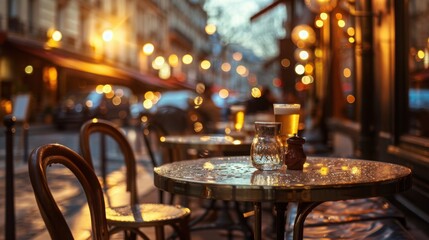 Romantic Parisian cafe scene with soft evening glow light, street lifestyle, with copy space