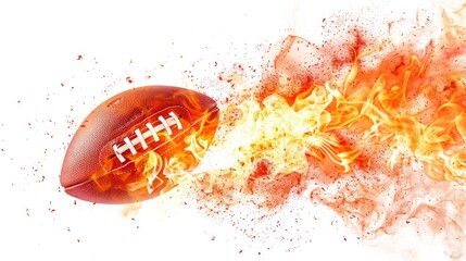 Flying american football ball on fire. Isolated on white background