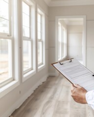 Businessman holding clipboard inspecting new residential house windows for quality check or real estate evaluation in bright natural light.