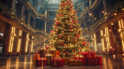 Poster - Massive Christmas tree adorned with bright lights and surrounded by presents 