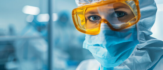 A close-up of a person in medical protective gear, including a face mask and goggles, emphasizing safety and focus.