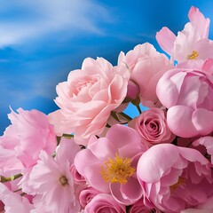 Wall Mural - Beautiful pink spring flowers on blue background