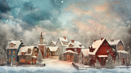 Wall Mural - Vintage style Christmas village with snow, winter landscape, holiday scene 