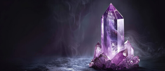 A stunning purple crystal stands against a dark backdrop, showcasing its sparkling facets and the ethereal glow emanating from within.