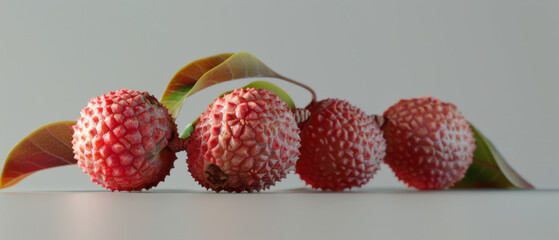 Wall Mural - A minimalist composition featuring a cluster of lychee fruits with their vibrant red, textured skins and green leaves against a plain background.