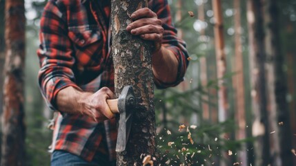 A man is cutting a tree with an axe