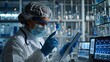 © kanesuan - A medical professional reviewing virus research data on a tablet, with a laboratory setting and digital screens displaying relevant information.