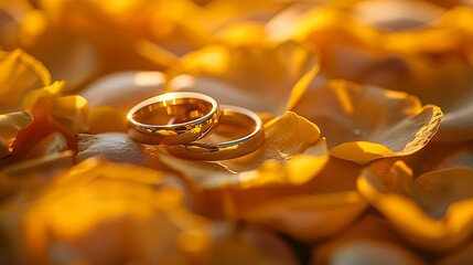 two gold wedding rings on a vibrant bed of yellow rose petals, the bright and cheerful colors symbol