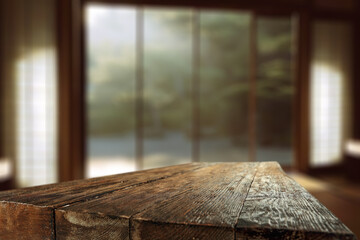 Wall Mural - empty wooden table background and window with copy space for products. natural window light in home 