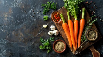 Poster - Carrots veggies spices and herbs on rustic cutting board for soup Healthy ingredients in styled image