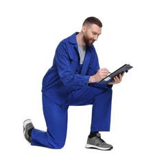 Poster - Professional auto mechanic with clipboard and pen on white background