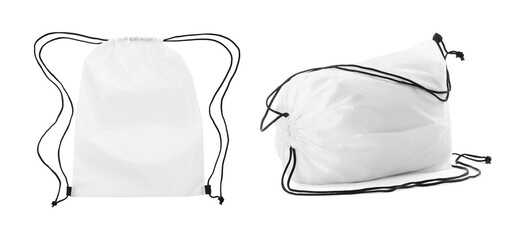 Wall Mural - Collage of empty and filled white drawstring bag isolated on white