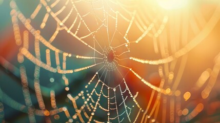 Macro shot of a spider's web with dew. 