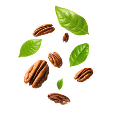 Wall Mural - Pecan nuts and green leaves in air on white background