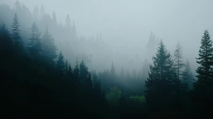 Canvas Print - Whipping through the thick fog that blankets the mountain forest the trees appear as mystical silhouettes against the misty backdrop.