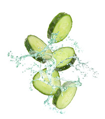 Wall Mural - Cucumber slices and splashing water in air on white background