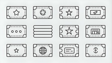 Tickets related icons: thin vector icon set, black and white kit