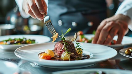 Chef Arranging Grilled Meat and Vegetables on a Plate in a Restaurant Kitchen