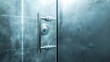 © stocker - Closeup of a steamy shower door with a chrome handle.