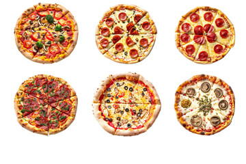 Wall Mural - Collection of pizzas with various tasty pieces, isolated on a white background, showcasing different toppings and high-calorie fast food cuisine