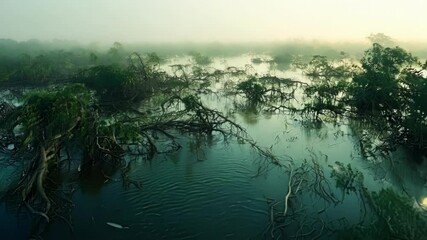 Canvas Print - A birds eye view of the intricate network of roots and branches in the mangrove swamp embellished by the soft light of dawn.