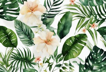 Wall Mural - tropical illustration stationary leaves dding floral green set Watercolor